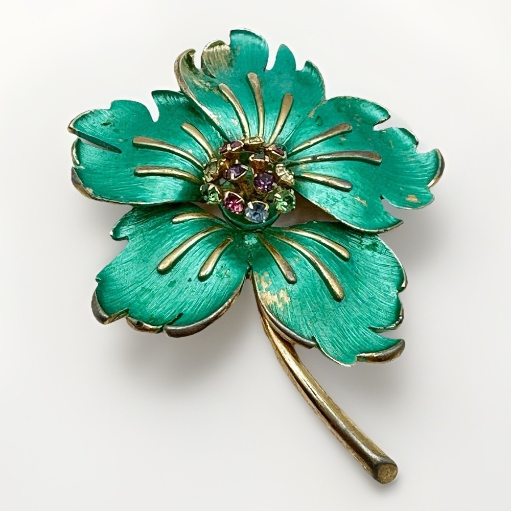 Vintage Green Enamel Flower Brooch Rhinestone Center Floral Pin Large Heavy